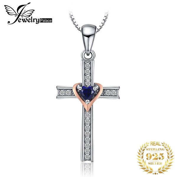 Croce cuore creato blu zaffiro con ciondolo collana 925 sterling argento preziose gemstone dichiarazione girocollo donne senza catena 210721