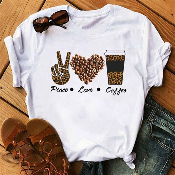 

fashion leopard peace love womens coffee casual o neck summer female tee shirts women, White