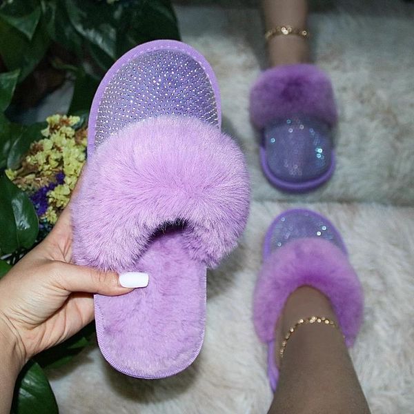 

women fur warm home slippers 2021 winter women's crystal flats woman fashion indoor slides ladies comfort female shoes plus size, Black