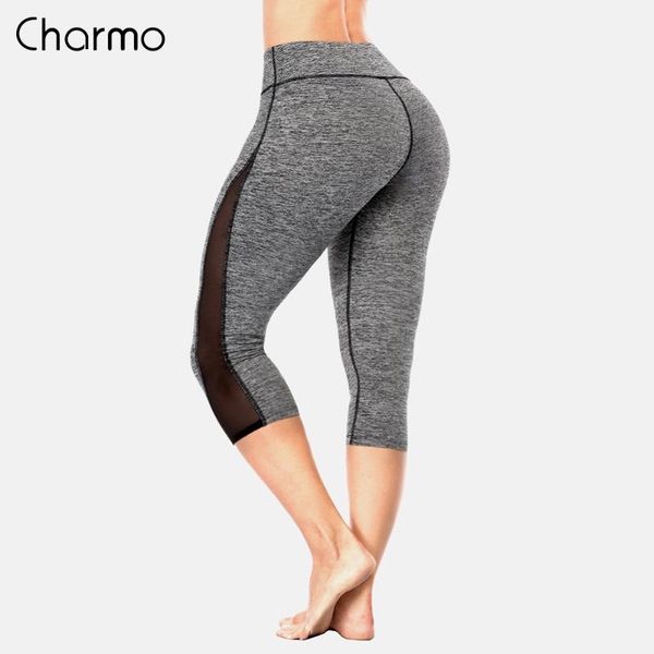 

yoga outfits charmo women pants slim high waist sports lace mesh gym fitness elastic trousers running calf length, White;red