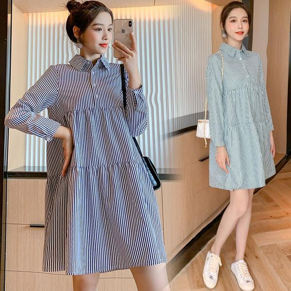

maternity dresses 029# dress spring autumn stripe turn down collar cotton long sleeves loose stylish for pregnant women mom, White