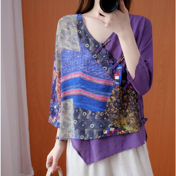 

women's blouses & shirts oversized cotton linen shirt women 2021 summer vintage print v-neck irregular loose comfortable female rv287, White