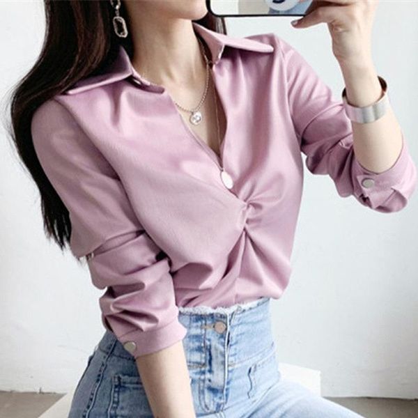 

women's blouses & shirts mazefeng 2021 women summer fashionable solid multi colors satin casual v-neck wild pink, White