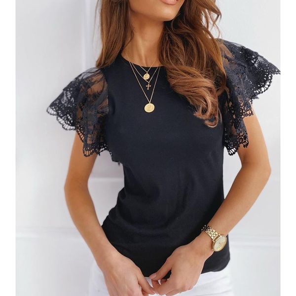 

women's t-shirt summer tshirt women lace short sleeve t shirt casual ladies o neck solid black tee female slim fit 2021 sj5711v, White