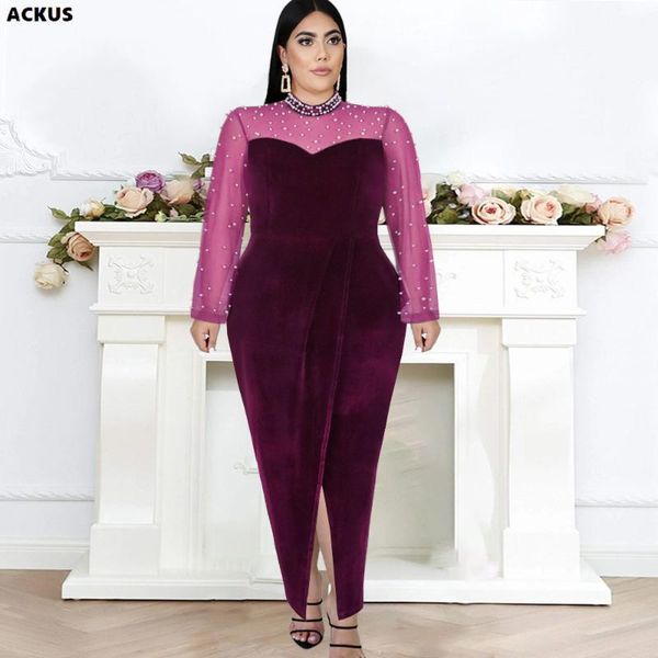 

plus size dresses ackus women dress mesh patchwork stretchy pencil slited long ladies elegant party evening vestidos autumn 2021, Black