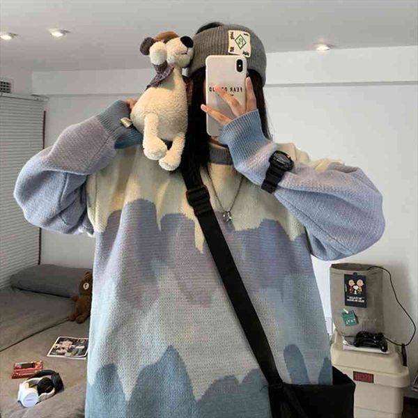

2 colors korean style loose knitted warm sweaters women color patchwork camouflage women sweaters and pullovers, White;black
