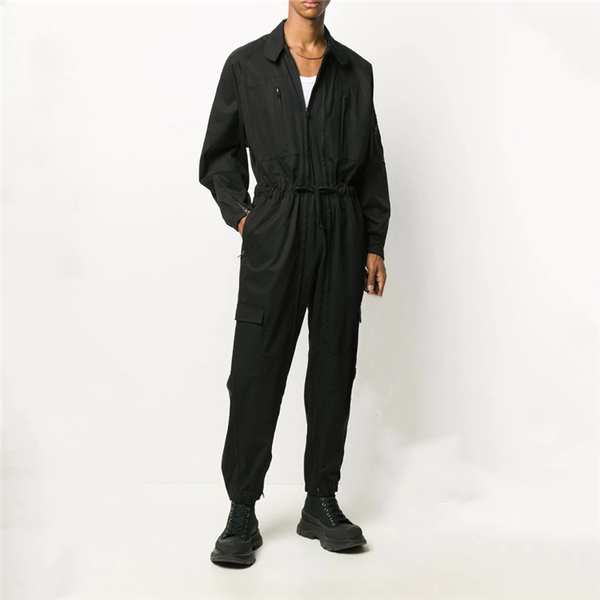 

men's pants one-piece loose and handsome small foot long sleeve clothes youth medium high waist suit overall, Black
