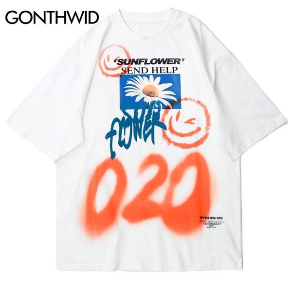 

gonthwid sunflower graffiti face print tees shirts streetwear hip hop harajuku casual tshirts men fashion short sleeve 210324, White;black