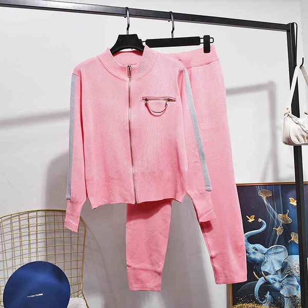 

pant fashion pink knitted tracksuit set women long sleeve knitting cardigan sweater pants two piece outfits female loose sports 2pc, White