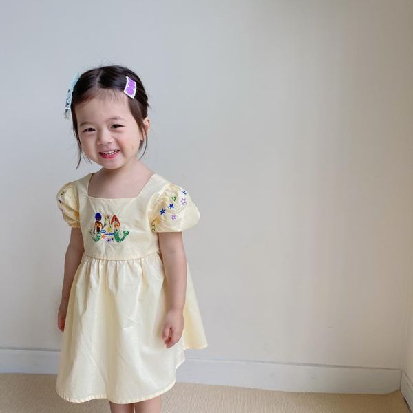 

toddler girls dresses korean baby embroidery cute dress summer kids square collar puff sleeve for clothing girl's, Red;yellow