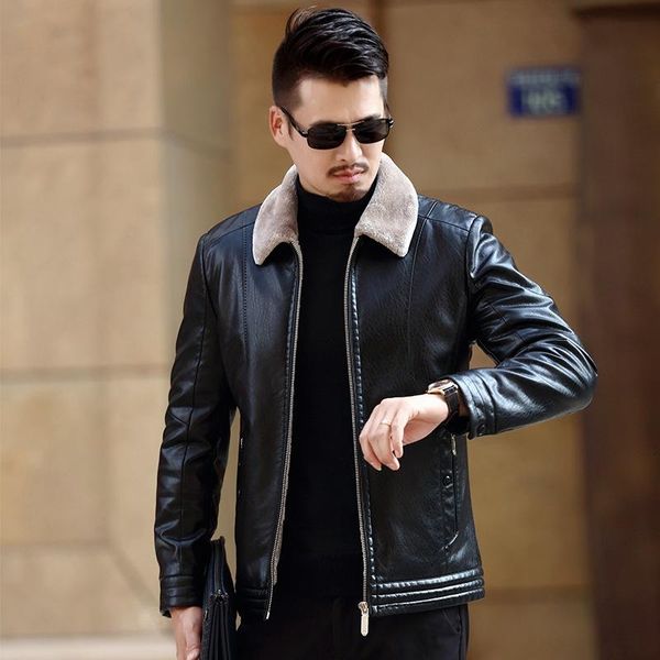 

add velvet padded men's coat winter fur one pu leather jacket faux men, Black