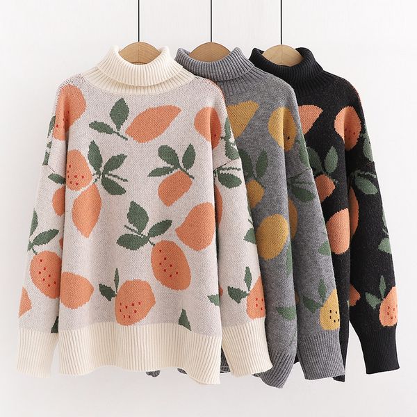 

women's sweaters women casual winter warm turtlecneck sweet jumpers pull knitwear oversized sweater fruit sweate lvff, White;black