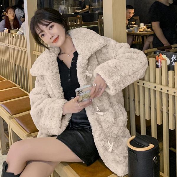 

women's fur & faux jacket women coat imitation lamb wool female winter stand collar overcoat veste femme, Black