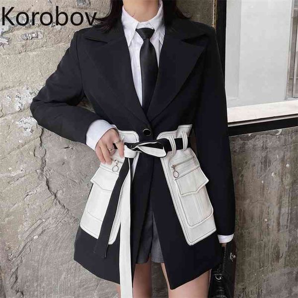 

korobov fashion personality women blazers korean streetwear long sleeve sashes coats harajuku patchwork pockets blazer 210430, White;black