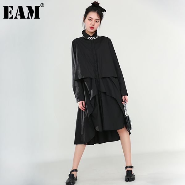 

[eam] women midi asymmetric long big size shirt dress lapel long sleeve loose fit fashion spring autumn 1da76601 21512, Black;gray