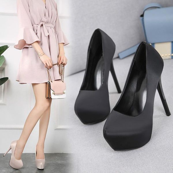 

dress shoes women pumps concise 14cm thin high heels platform pointed toe slip-on shallow solid party lady club female, Black