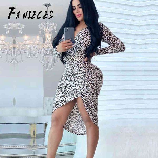 

long sleeve v neck leopard print bodycon mini dress spring women ins fashion asymmetrical party dresses streetwear 210520, Black;gray