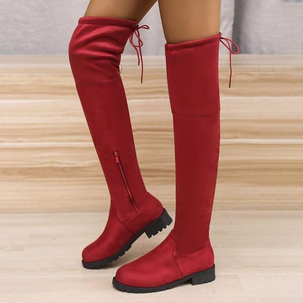 

boots rimocy autumn winter women thigh high lace up low heels over the knee botas mujer 2021 fashion red long plus size 43, Black