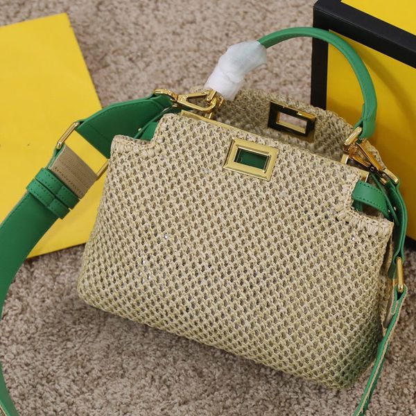

women luxurys design bags 2021 fashion raffia weave handbag with wide webbing shoulder strap size 23cm lady purse two colors