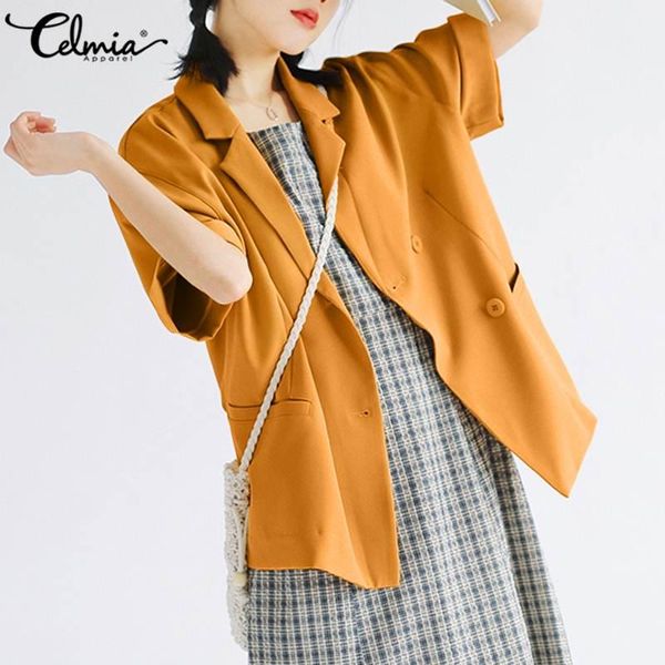 

women fashion short sleeve blazers celmia 2021 summer lapel suits blazer casual loose buttons chic coats plus size jackets mujer women', White;black