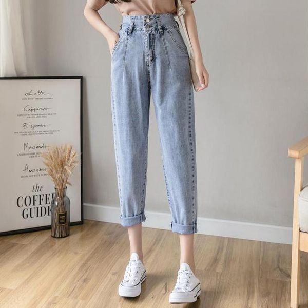 

women's jeans high-waisted summer thin loose straight wide-legged eight-nine-point carrot pants pockets, Blue