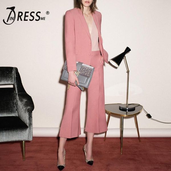 

two piece dress indressme 2021 fashion office lady sets suits pink notched collar long sleeve pocket blazer boot cut pants, White