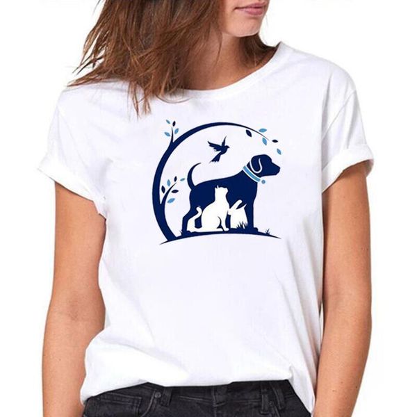 

women's t-shirt summer short sleeve fashion tee shirt femme casual cotton harajuku t women funny dog cat bird tree happy print tshirt, White
