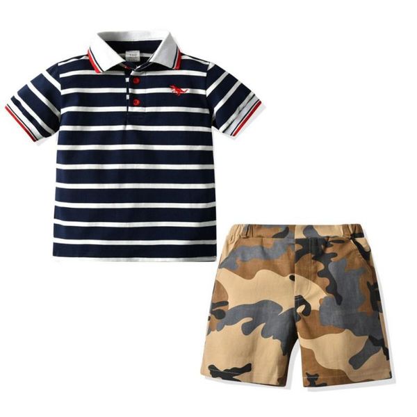 

2pcs children boys clothing stripe short sleeve t-shirt+ brown camouflage shorts set outfits 1-6years sets, White