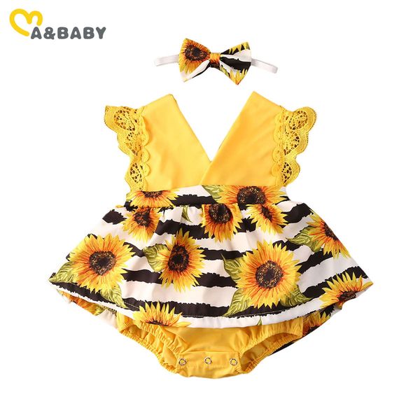 0-2Y Summer Infant Beat Baby Girls V Pescoço Romper Flor Lace Jumpsuit Girassol Roupas Fatoes 210515