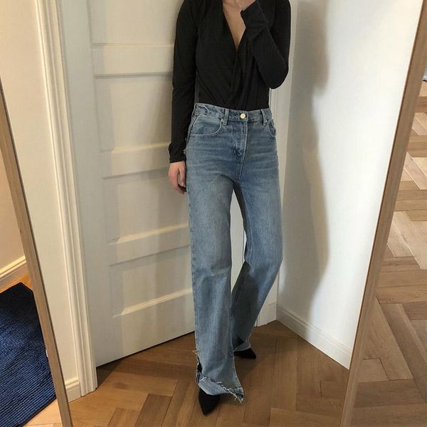 

women's jeans spring and autumn casual solid color high waist split flared, Blue