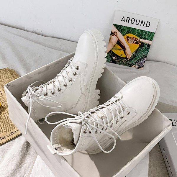 

boots fashion white black pu leather ankle women autumn winter round toe lace up shoes woman motorcycle platform