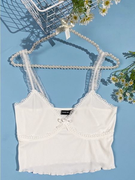 

tie front lace trim rib-knit cami crop a1sx#, White