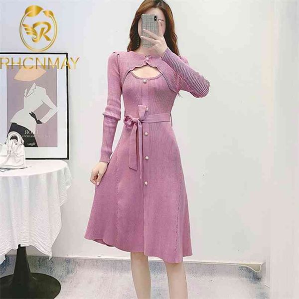 

temperament pearl buttons long sleeve slim knitted dress women french style elegant vertical striped sweater 210506, Black;gray