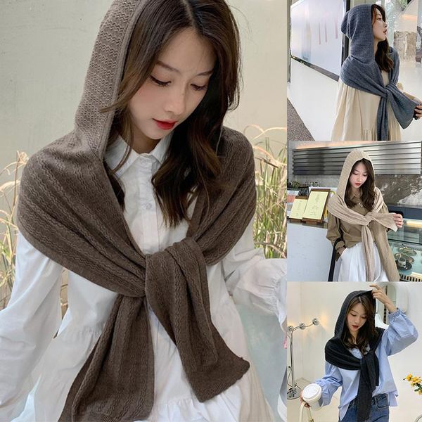 

scarves winter knit hooded scarf pullover headscarf ear warmer wrap soft warm hoodie hat neck 170*22cm solid color gift 2021, Blue;gray