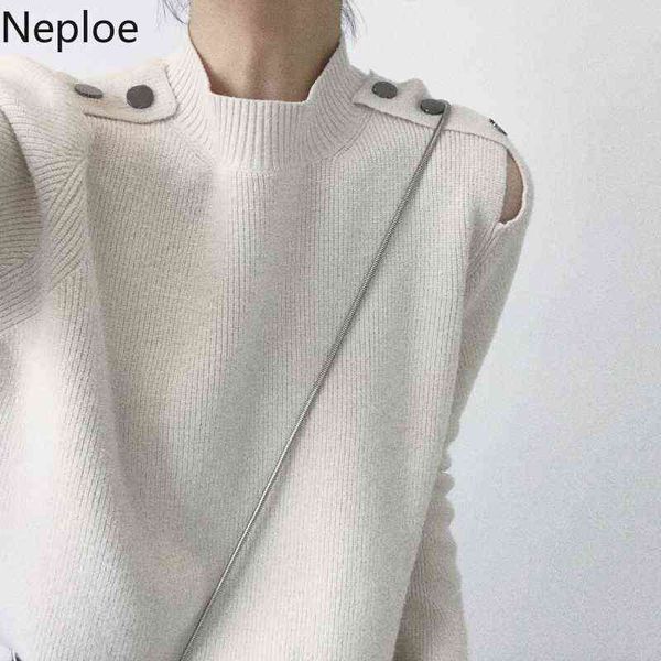 

neploe autumn winter new o neck pullover sweater women solid long sleeve shoulder button pull femme 2021 knit cross 46827 y1110, White;black