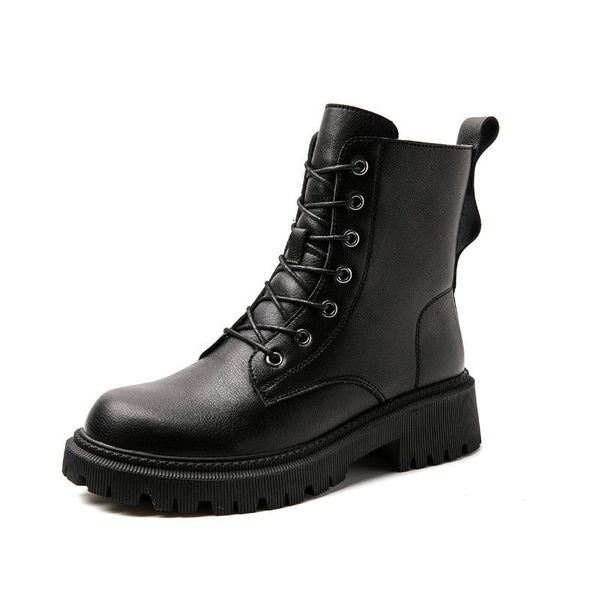 

boots leather women's british all-match autumn and winter plus velvet thick-soled side zipper med inner high, Black