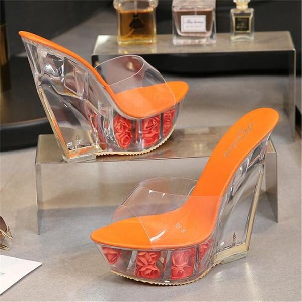 

slippers summer fashion 14cm high heels transparent crystal platform wedges shoes jelly sandals beach women mules, Black