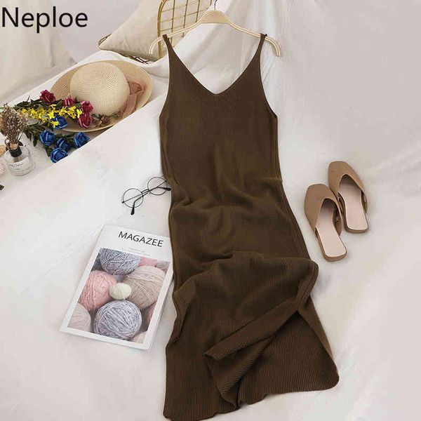 

neploe woman dress knitted temperament dresses fashion korean sling slim double v-neck robe elegant vestidos mujer 4h928 210422, Black;gray