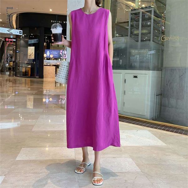 

women purple big size cotton linen casual dress round neck sleeveless loose fit fashion tide summer 2e1099 210507, Black;gray