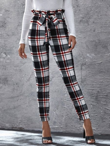 

paperbag waist tie front plaid pants k2il#, Black;white