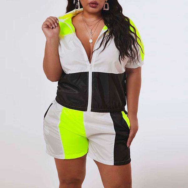 

plus size tracksuits summer 2pcs women clothes set turn-down collar short sleeves zipper caot shorts for female, Black