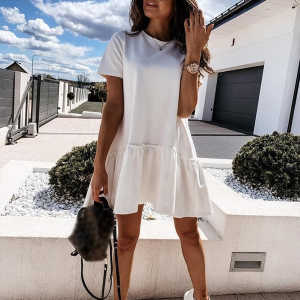 

nedeins summer mini fashion women dresses solid white short casual o neck sleeve lady vestidos, Black;gray
