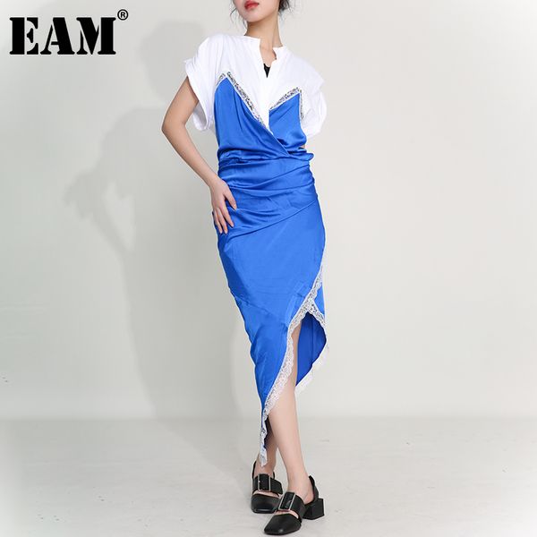 

[eam] women red lace irregular long elegant dress v-neck short sleeve loose fit fashion spring summer 1u31505 210512, Black;gray