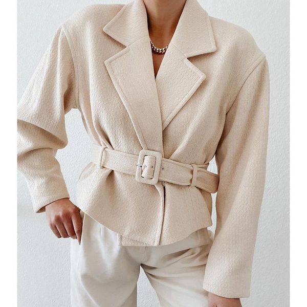 

fashion tie belt waist wool short blazers women elegant notched solid jackets office lady long sleeve suits ladies women's, White;black