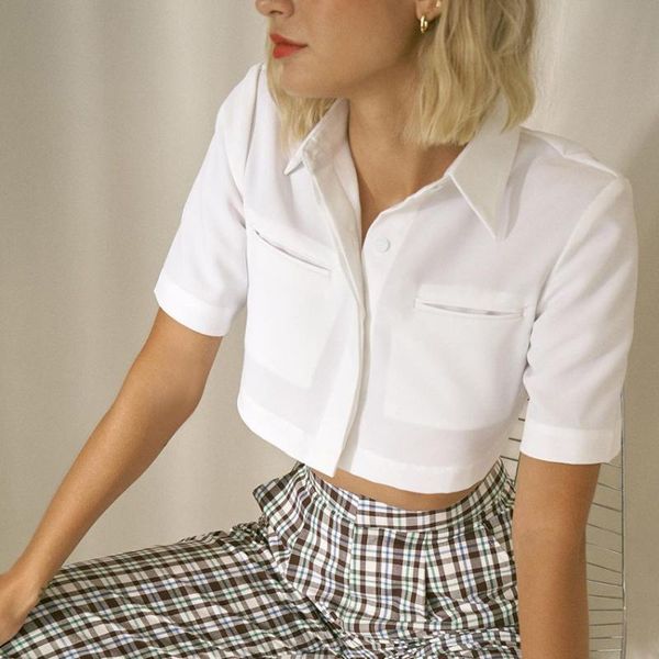 

women's blouses & shirts short white blouse 2021 summer sleeve pocket women office lady blusas de mujer womens