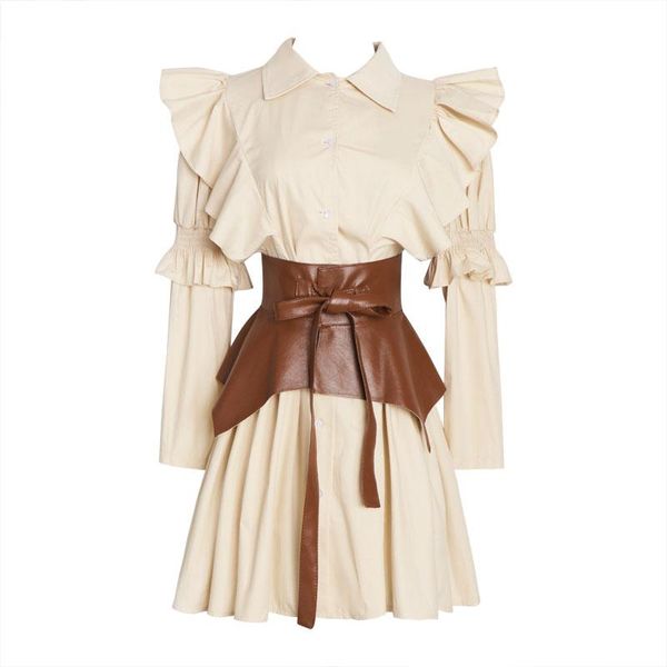 

casual dresses perhaps u chic turn-down collar mini long-sleeve women shirts solid khaki blue a-line spring autumn ruffle leather d2080, Black;gray