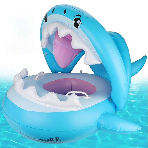 

shark with canopy seat pvc inflatable children's swimming circle tortoise flamingo sunshade, Blue