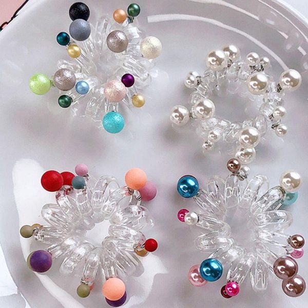 

hair accessories women girls spiral tie frosted colorful beading telephone wire ponytail holder imitation pearl clear coil rope