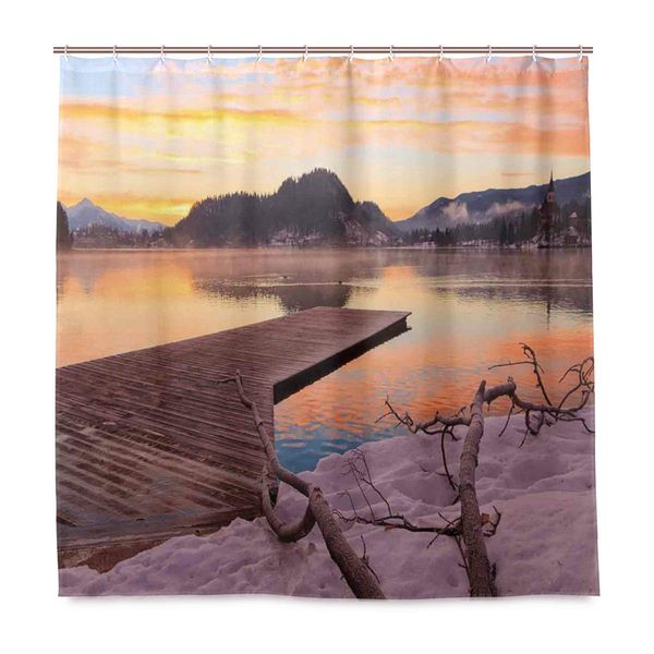 

shower curtain,bled lake sand hills branches waterscape sun rays sunrise morning view bath curtain closet curtain home bathroom