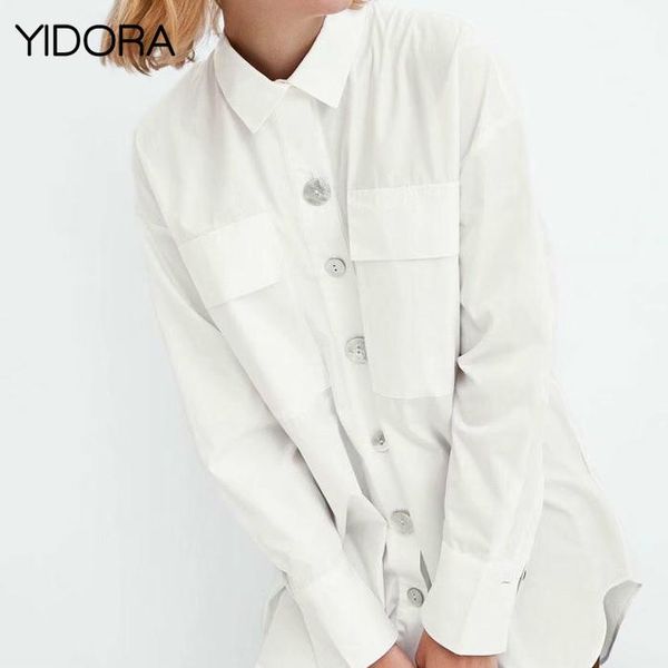 

women's blouses & shirts 2021 women white oversized shirt features front button-up flap pockets - ladies plus size lapel long sleeve bl